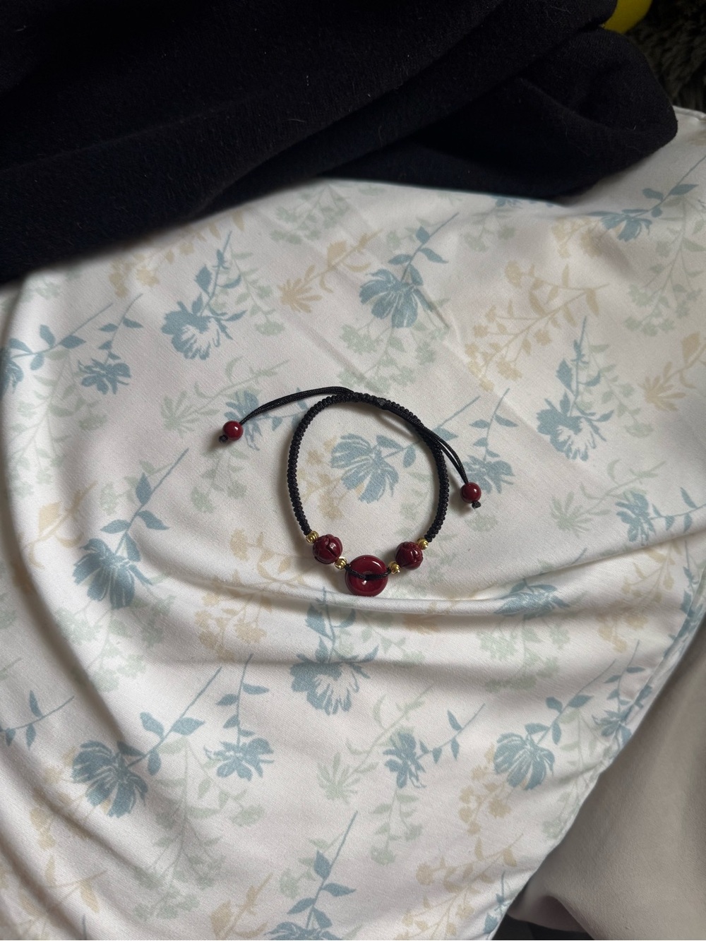 Handcrafted Black Cord Bracelet with Deep Red Beads